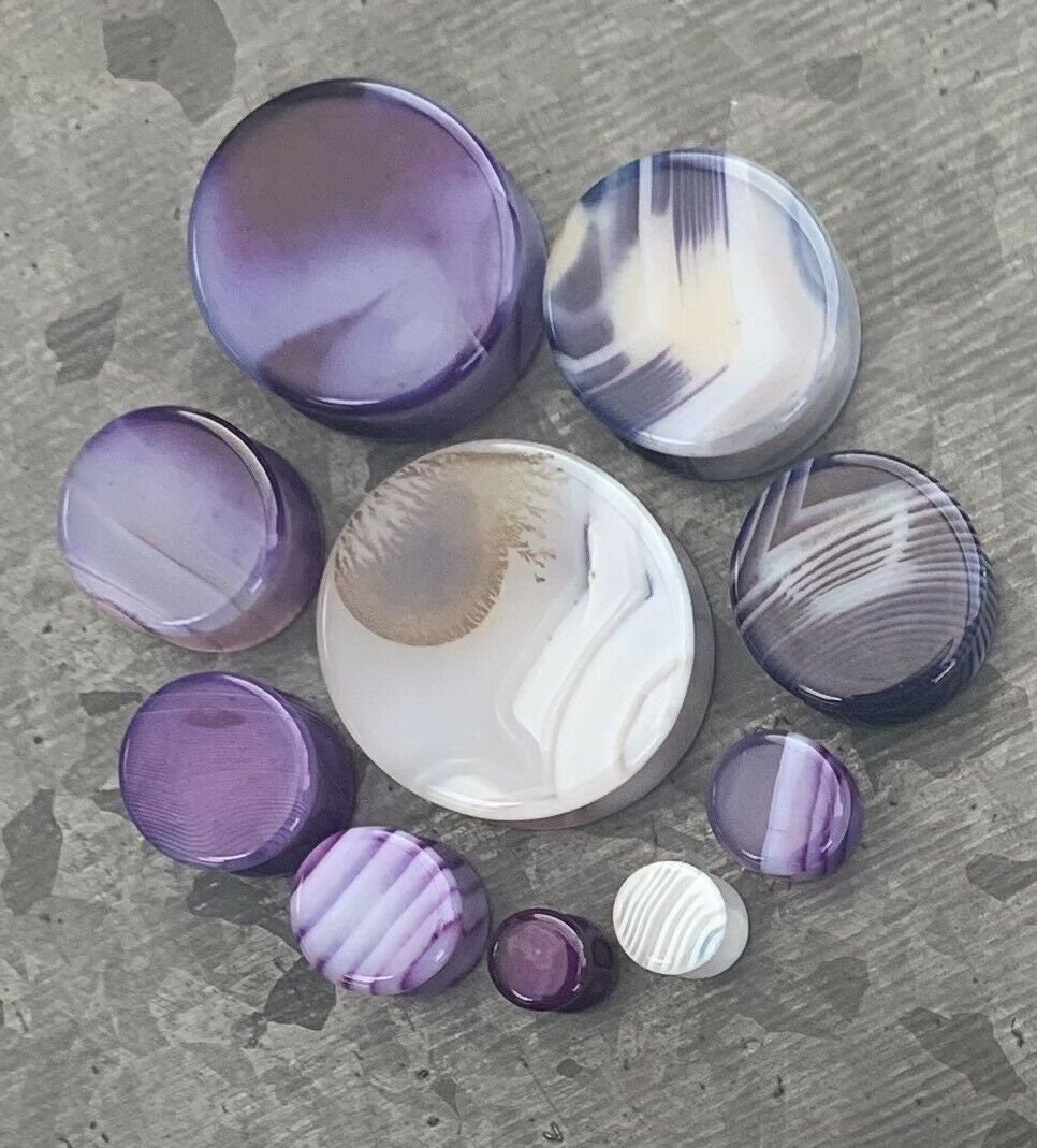 PAIR of Unique Purple Striped Agate Double Flare Organic Stone Plugs - Gauges 4g (5mm) thru 1" (25mm) available!