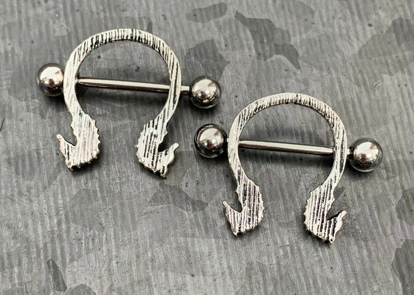 PAIR of Unique Seahorse Design Steel Nipple Barbells/Shields/Rings - Barbell 14g, 16mm (5/8") - Wearable length 14mm (9/16")!