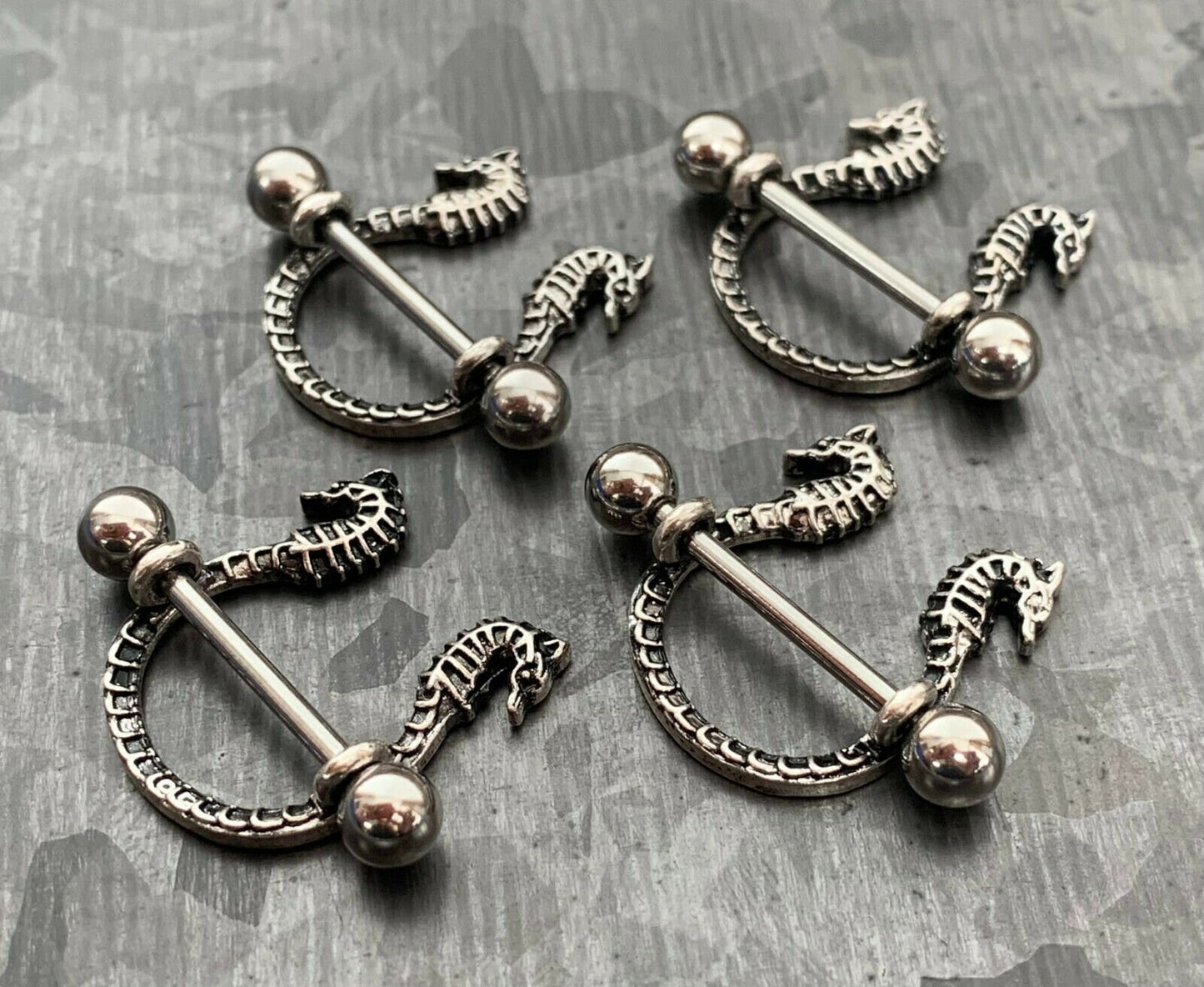 PAIR of Unique Seahorse Design Steel Nipple Barbells/Shields/Rings - Barbell 14g, 16mm (5/8") - Wearable length 14mm (9/16")!