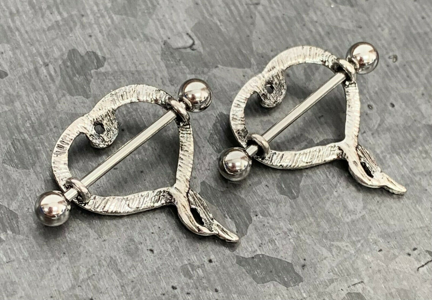 PAIR of Beautiful Heart Design with Tentacles Steel Nipple Barbells/Shields/Rings - Barbell 14g, 22mm (7/8"), Wearable length 16mm (5/8")!