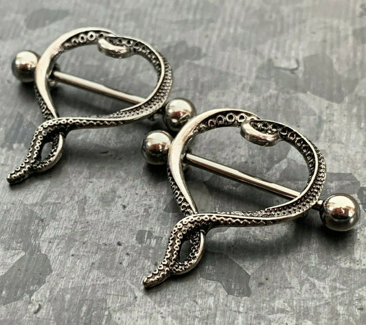 PAIR of Beautiful Heart Design with Tentacles Steel Nipple Barbells/Shields/Rings - Barbell 14g, 22mm (7/8"), Wearable length 16mm (5/8")!