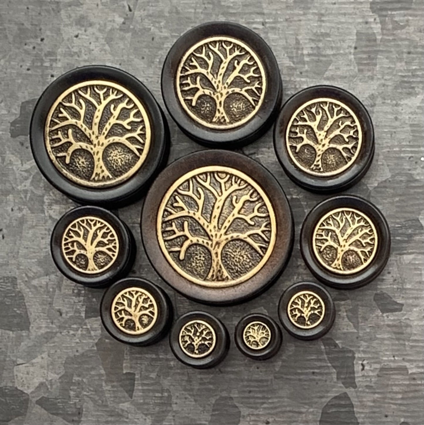 PAIR of Beautiful Organic Ebony Wood Plugs with Tree of Life Top Saddle Plugs - Gauges 2g (6mm) up to 1" (25mm) available!