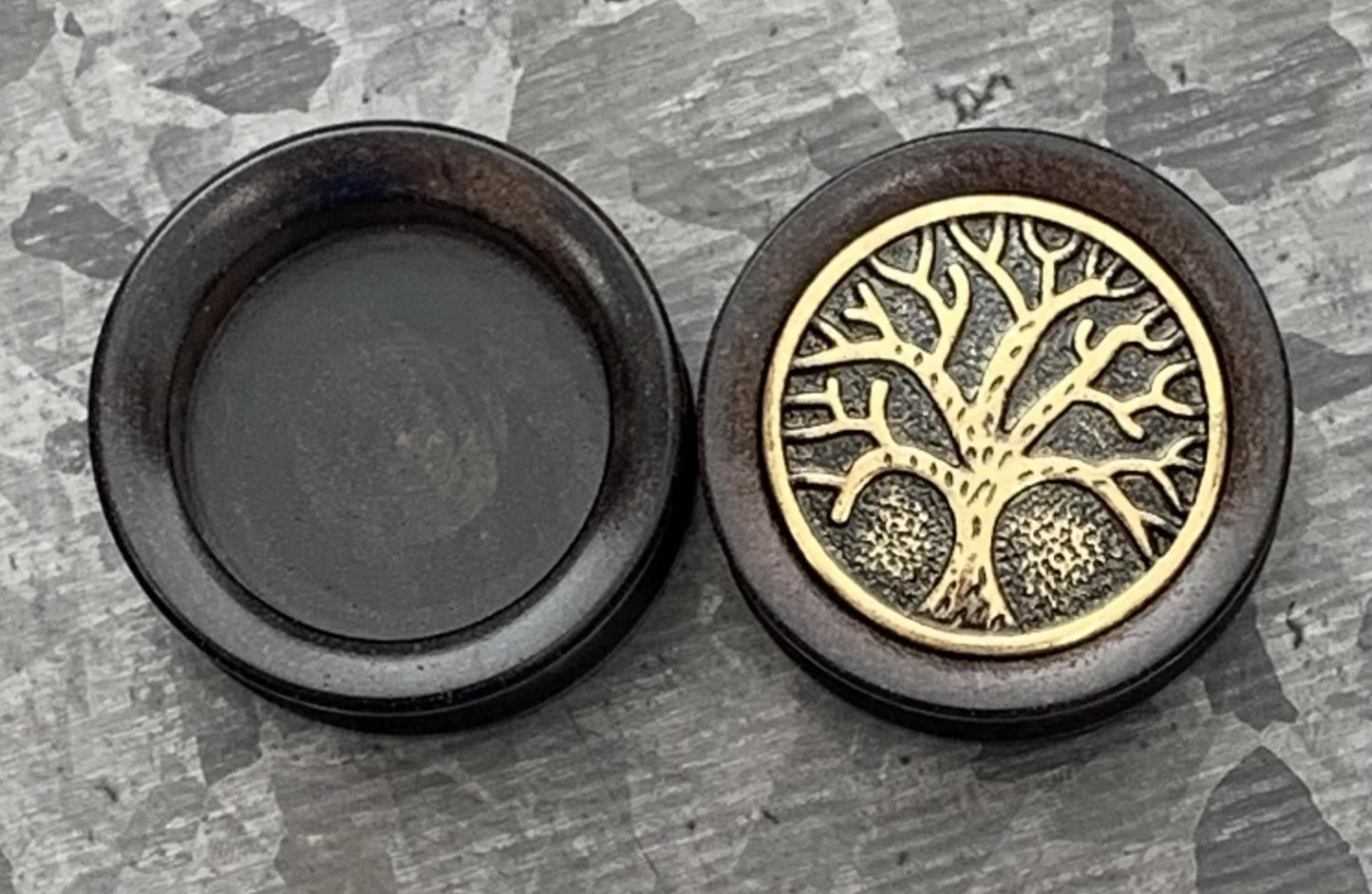 PAIR of Beautiful Organic Ebony Wood Plugs with Tree of Life Top Saddle Plugs - Gauges 2g (6mm) up to 1" (25mm) available!