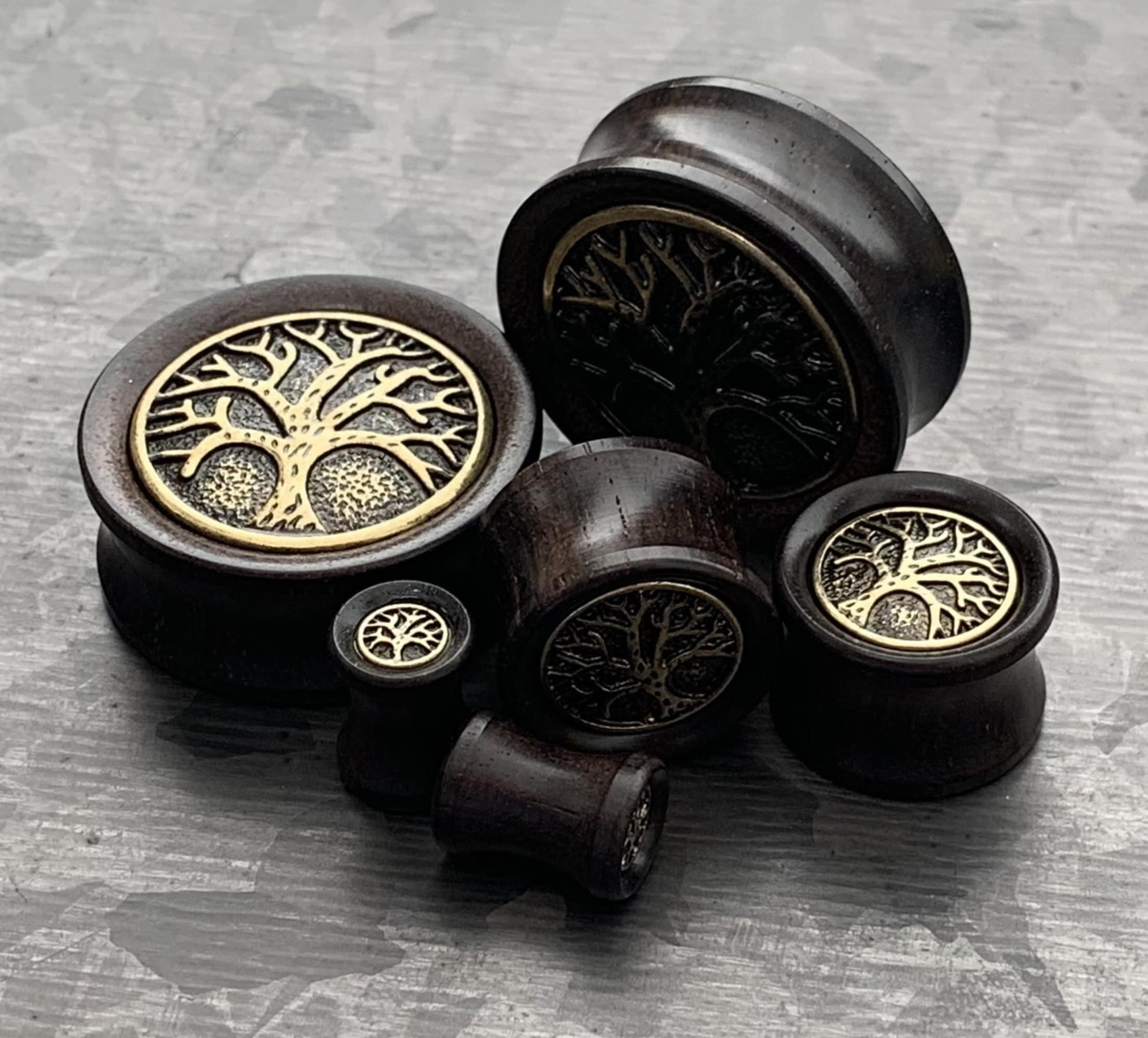 PAIR of Beautiful Organic Ebony Wood Plugs with Tree of Life Top Saddle Plugs - Gauges 2g (6mm) up to 1" (25mm) available!