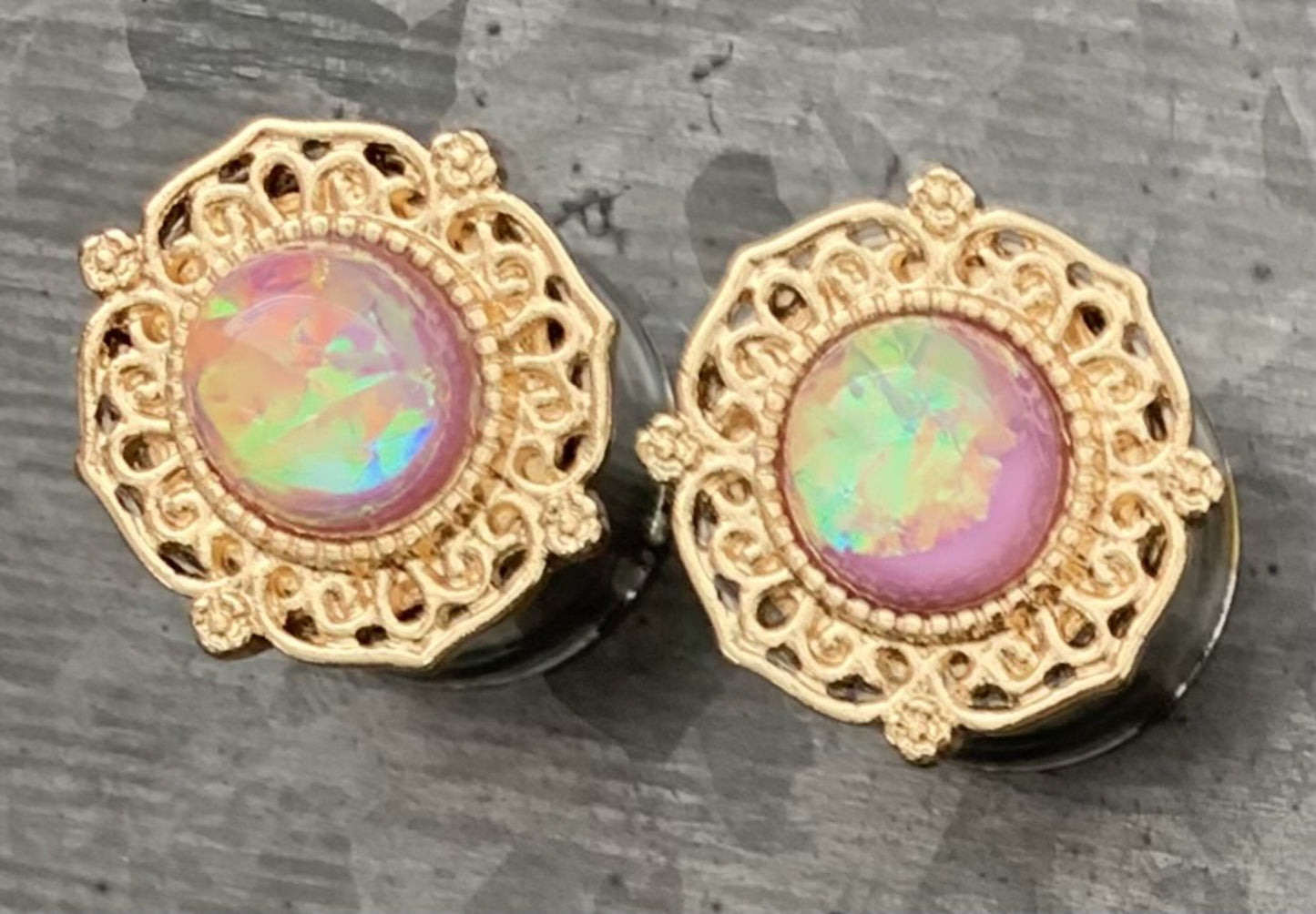 PAIR of Stunning Gold Tribal Plated Surgical Steel Plugs with a Center Pink Synthetic Opal - Gauges 2g (6mm) thru 5/8" (16mm) available!
