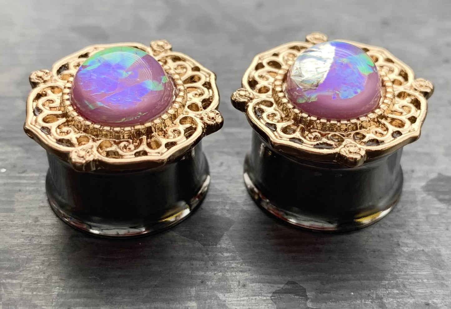 PAIR of Stunning Gold Tribal Plated Surgical Steel Plugs with a Center Pink Synthetic Opal - Gauges 2g (6mm) thru 5/8" (16mm) available!