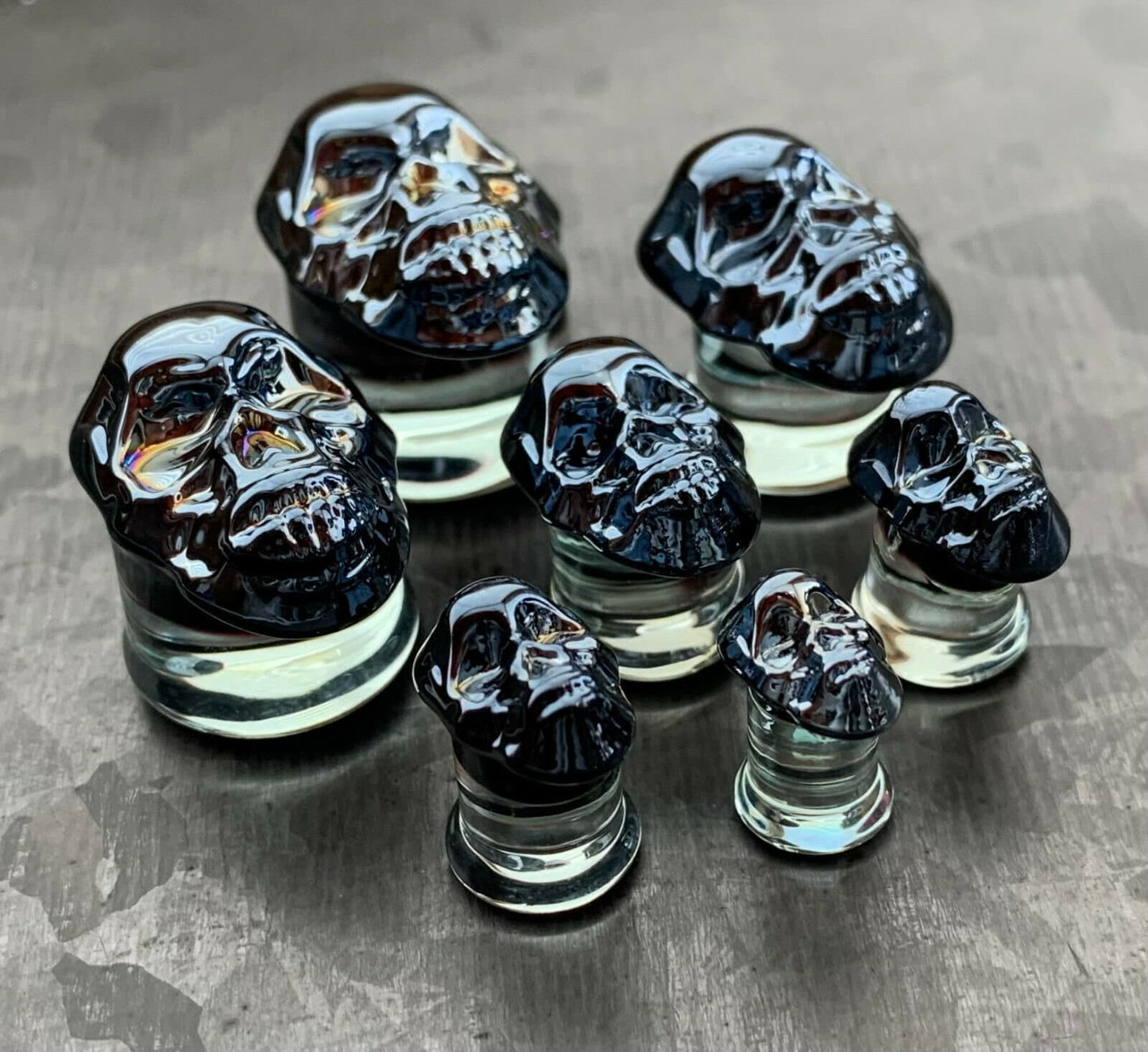 PAIR of Unique Metallic Skull Pyrex Glass Double Flare Plugs/Tunnels - Gauges 2g (6mm) through 5/8" (16mm) available!