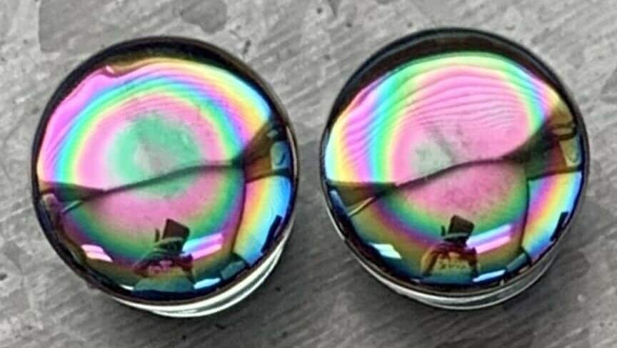 PAIR of Beautiful Oil Slick Design Pyrex Glass Single Flare Plugs with O-Rings - Gauges 4g (5mm) thru 7/8" (22mm) available!