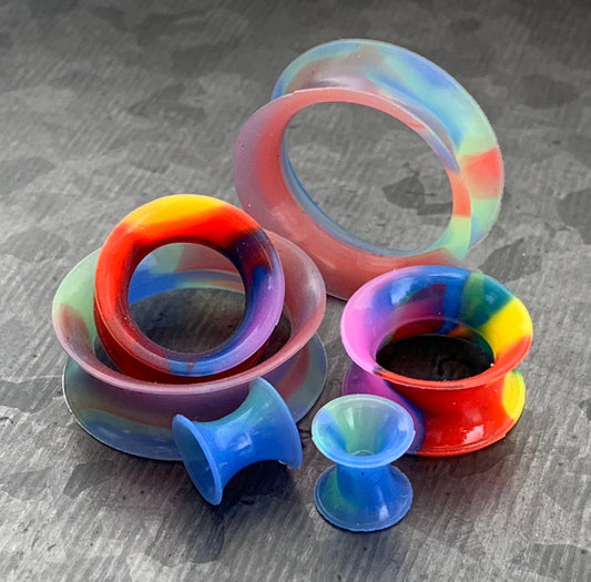 PAIR of Unique Rainbow Swirl Ultra Thin Silicone Double Flare Tunnels/Plugs - Gauges 4g (5mm) thru 7/8" (22mm) available!