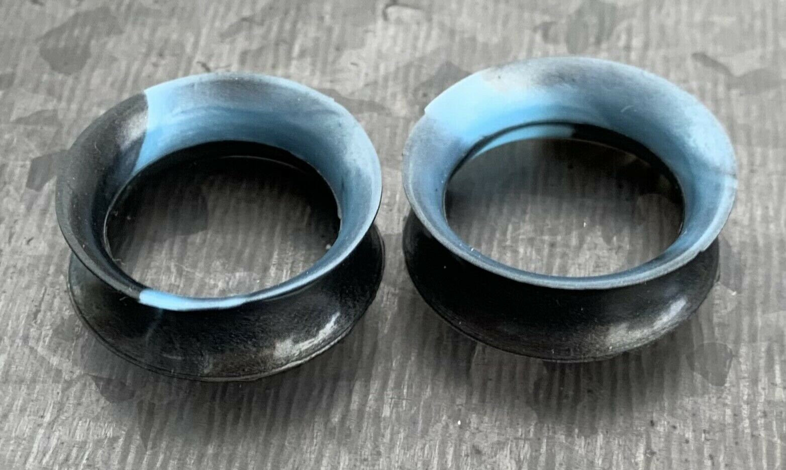 PAIR Beautiful Black & Aqua Swirl Ultra Thin Silicone Double Flare Tunnels/Plugs - Gauges 4g (5mm) thru 7/8" (22mm) available!