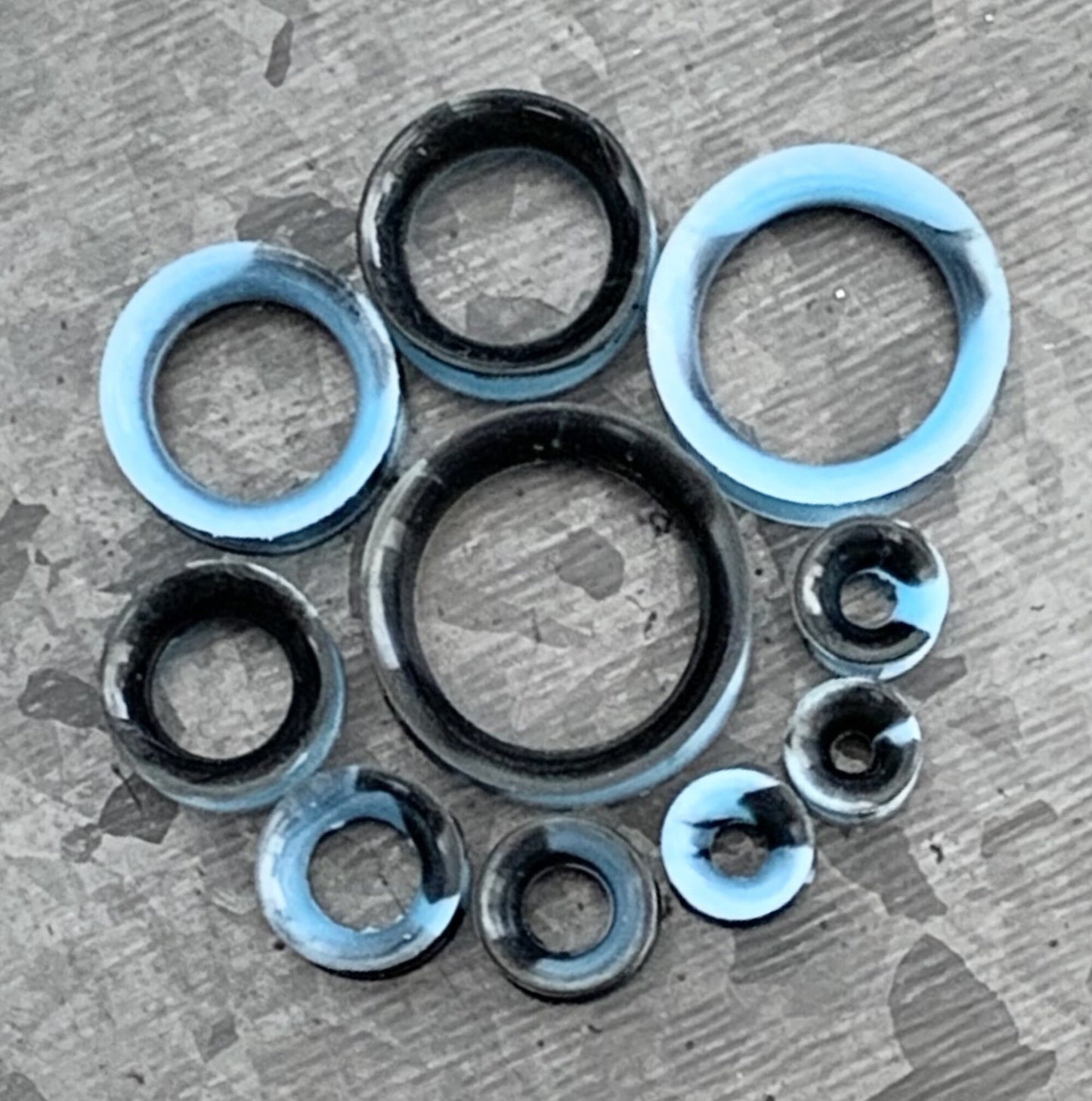 PAIR Beautiful Black & Aqua Swirl Ultra Thin Silicone Double Flare Tunnels/Plugs - Gauges 4g (5mm) thru 7/8" (22mm) available!