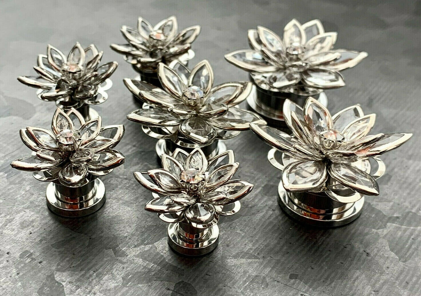 PAIR of Brilliant Crystal Petals Flower Steel Screw Fit Tunnels