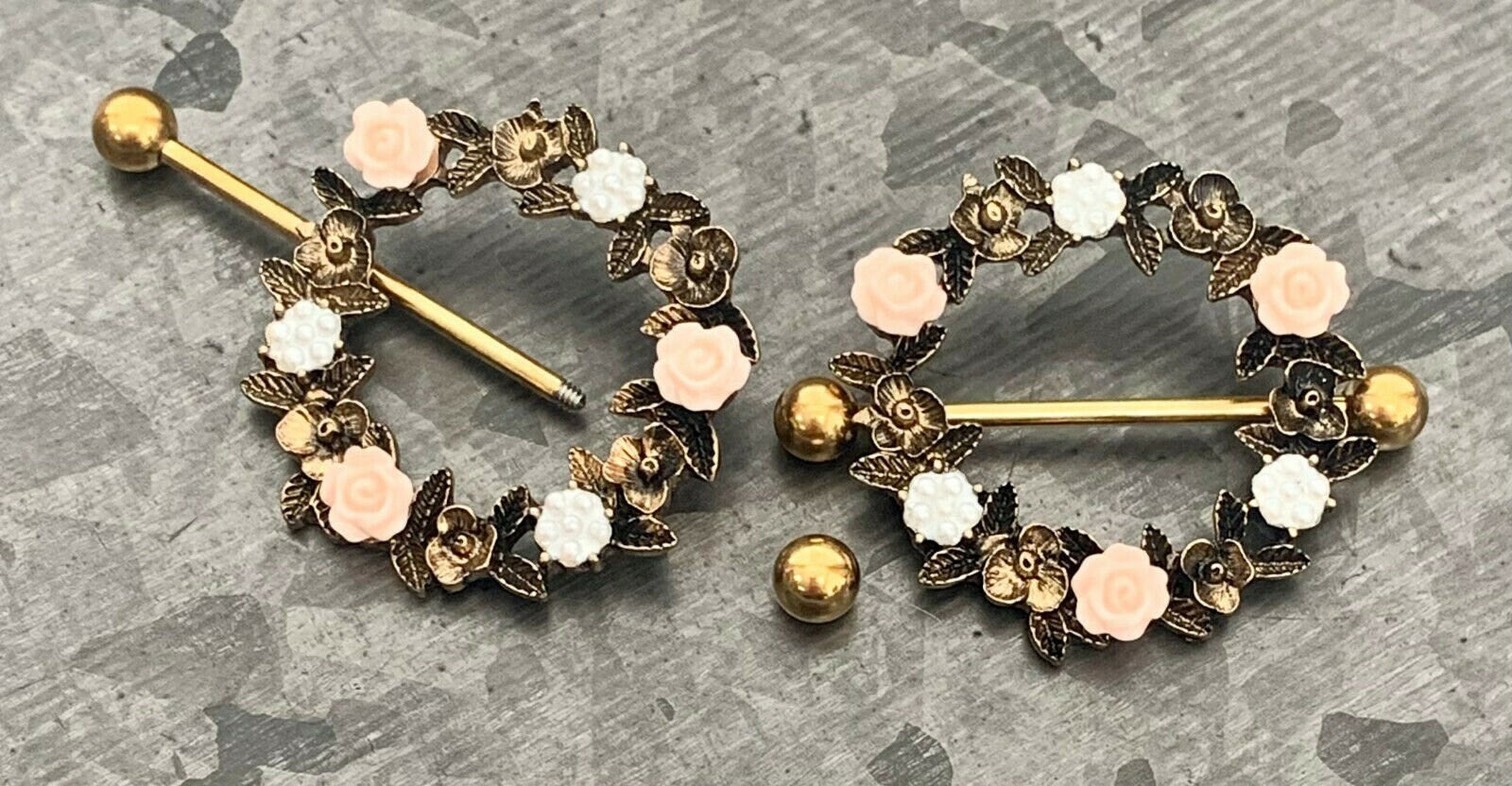 PAIR of Stunning Floral Wreath Steel Barbell Nipple Ring/Shields - Wearable Length 14mm - Barbell Length 28mm - Silver and Gold available!