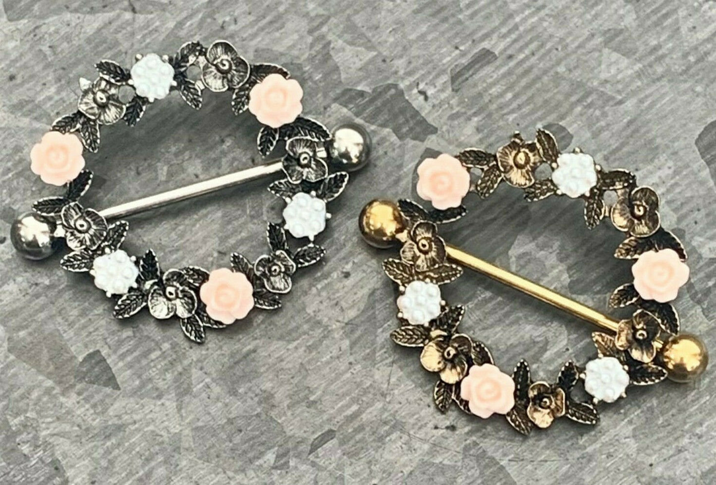 PAIR of Stunning Floral Wreath Steel Barbell Nipple Ring/Shields - Wearable Length 14mm - Barbell Length 28mm - Silver and Gold available!