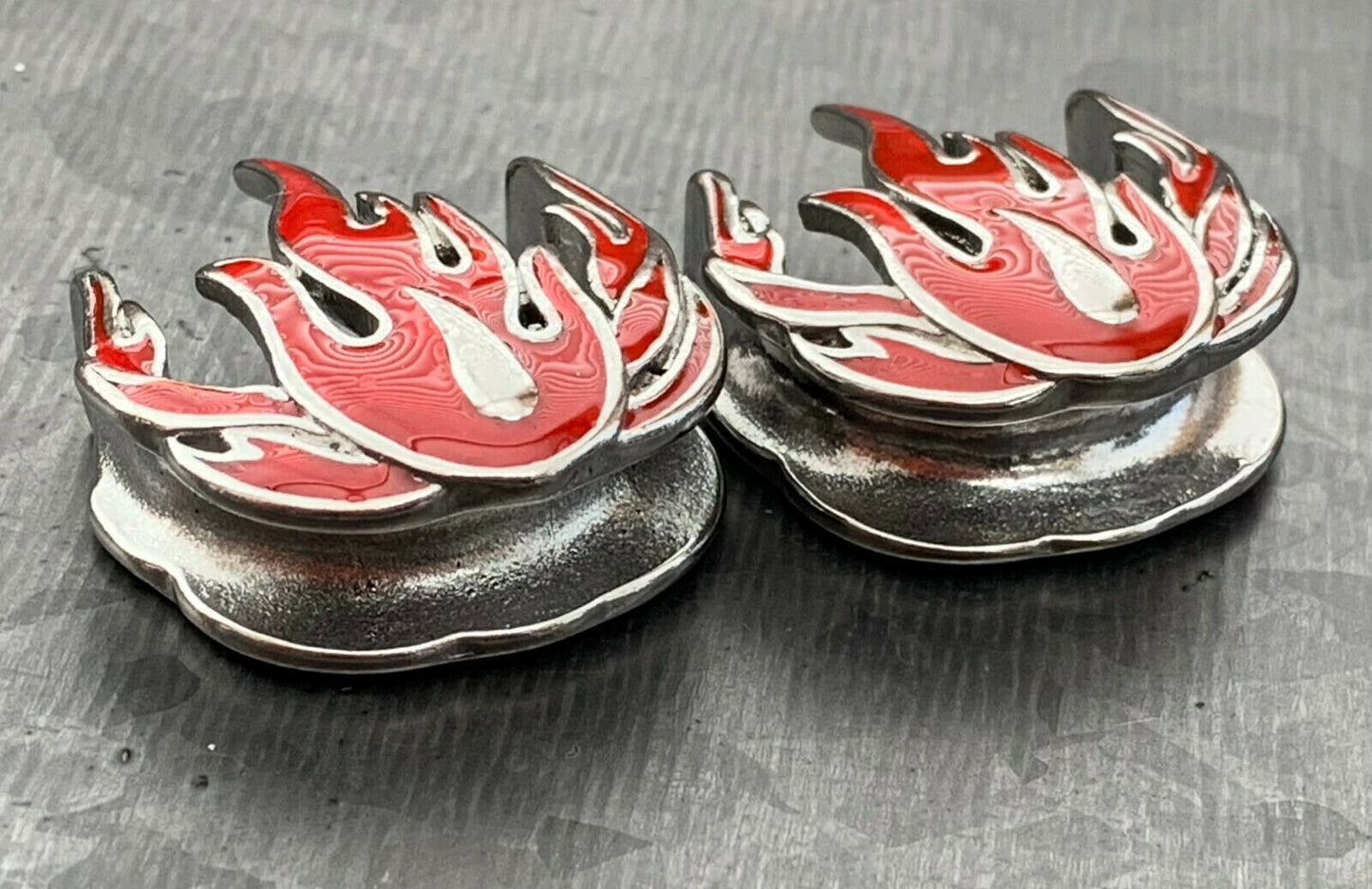 PAIR of Unique Red Flames Steel Saddle Ear Spreader Tunnels/Plugs - Gauges 00g (10mm) thru 1" (25mm) available!