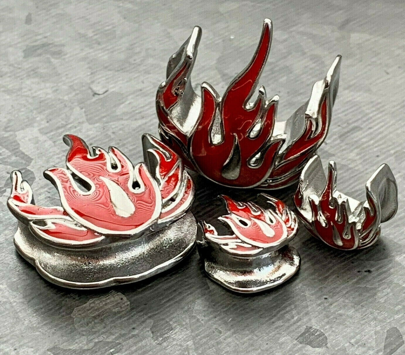 PAIR of Unique Red Flames Steel Saddle Ear Spreader Tunnels/Plugs - Gauges 00g (10mm) thru 1" (25mm) available!