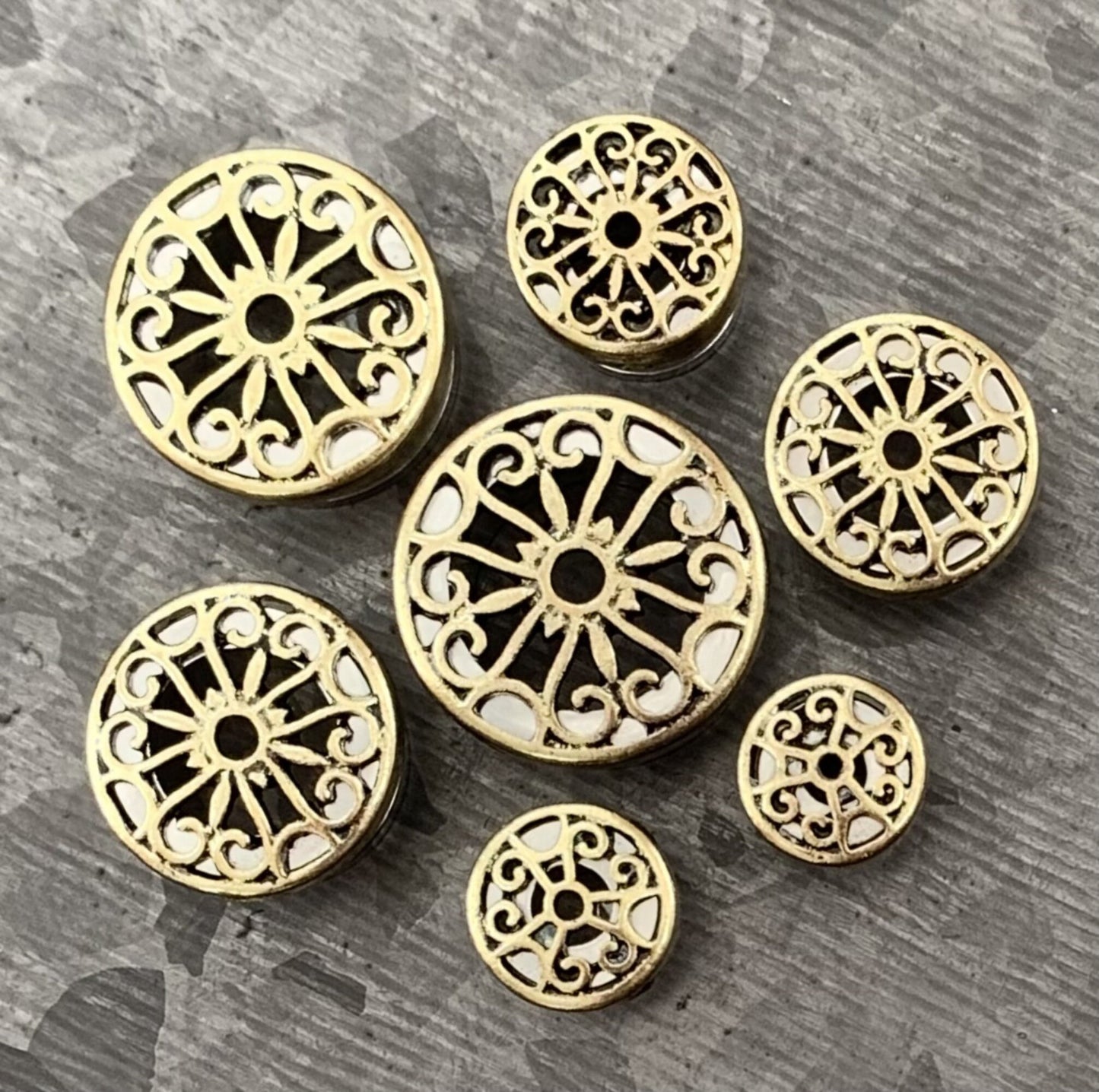 PAIR of Unique Burnished Gold Plate Tribal Hearts Top Steel Screw Fit Tunnels - Gauges 2g (6mm) thru 5/8" (16mm) Available!