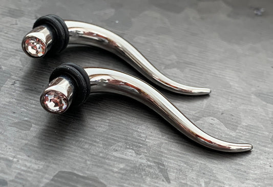 PAIR of Brilliant CZ Gem Double Curve Hanging Steel Tapers with O-Rings - Gauges 8g (3mm) thru 2g (6mm) available!
