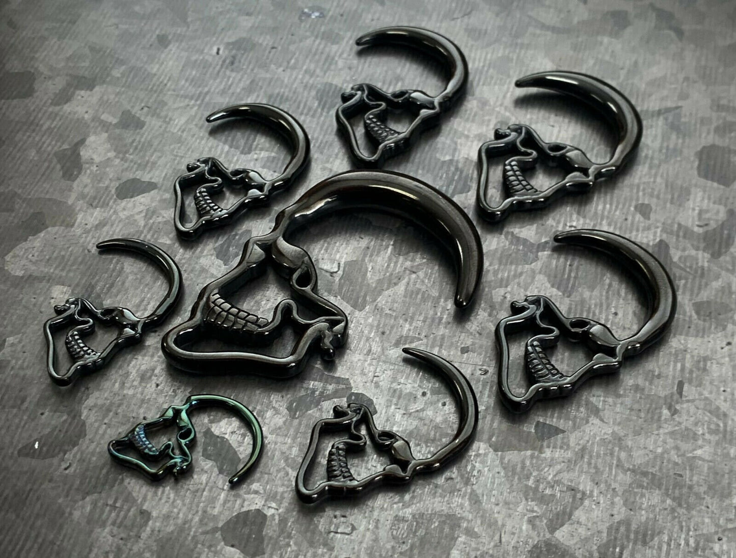PAIR of Unique Black Steel Skull Hanging Tapers - Expanders - Gauges 10g thru 0g (8mm) available!