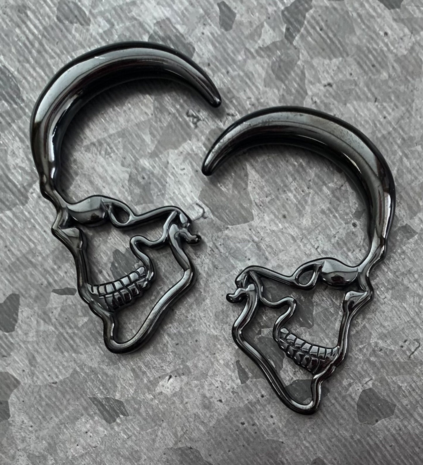 PAIR of Unique Black Steel Skull Hanging Tapers - Expanders - Gauges 10g thru 0g (8mm) available!