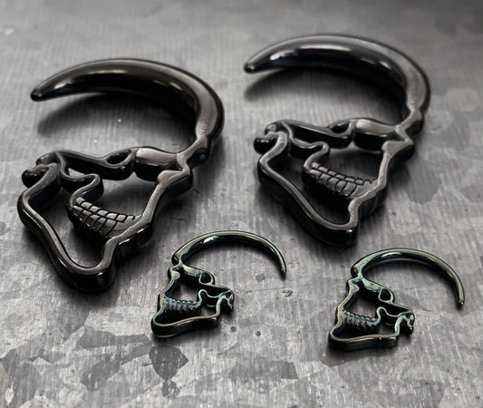 PAIR of Unique Black Steel Skull Hanging Tapers - Expanders - Gauges 10g thru 0g (8mm) available!