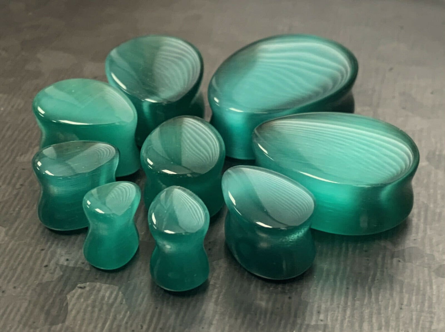 PAIR of Stunning Deep Green Cat Eye Stone Teardrop Double Flare Plugs - Gauges 2g (6mm) thru 1" (25mm) available!