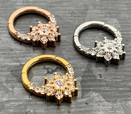 1 Piece Gorgeous CZ Gem Flower Hinged Segment Ring - 16g, 8mm internal diameter - Gold, Rose Gold and Silver Available!