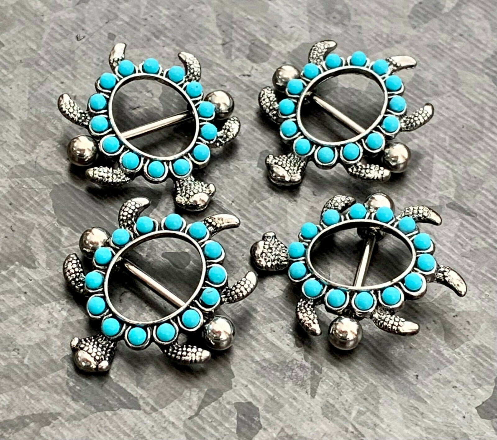 PAIR of Unique Teal Turtle Design Steel Nipple Barbells/Shields/Rings - Barbell 14g, 19mm (3/4") - Wearable length 12mm(1/2") x 14mm(9/16")!
