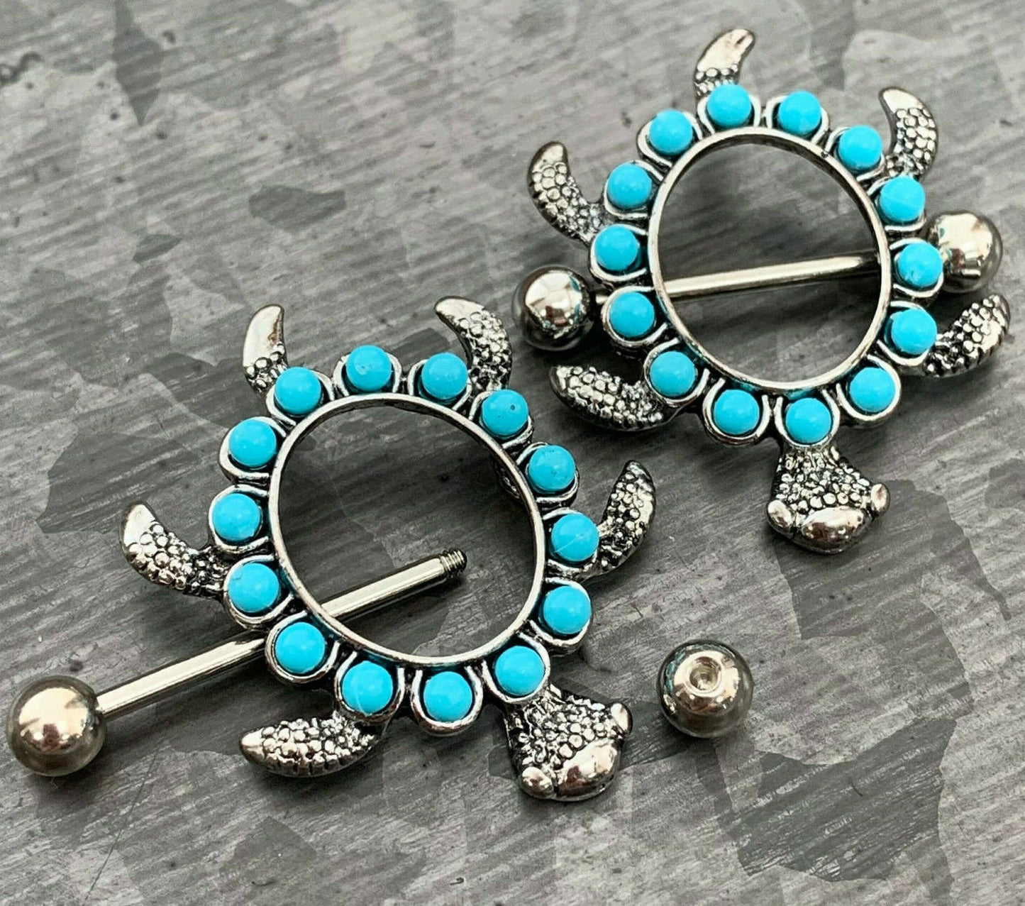 PAIR of Unique Teal Turtle Design Steel Nipple Barbells/Shields/Rings - Barbell 14g, 19mm (3/4") - Wearable length 12mm(1/2") x 14mm(9/16")!