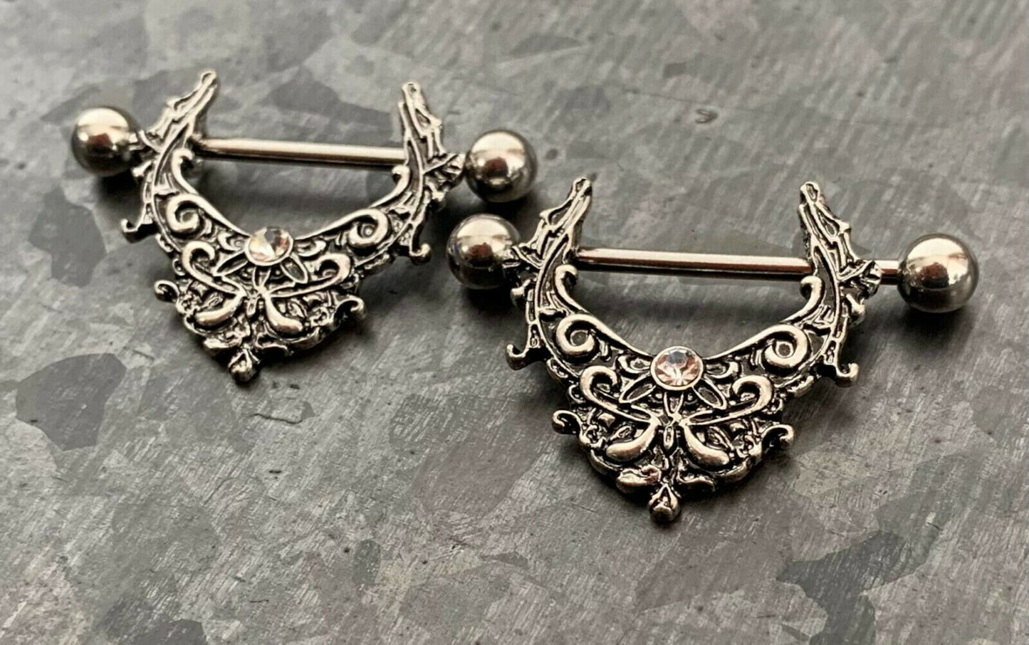 PAIR of Unique Gothic Gem Design Steel Nipple Barbells/Shields/Rings - Barbell 14g, 22mm (7/8") - Wearable length 14mm (9/16")!