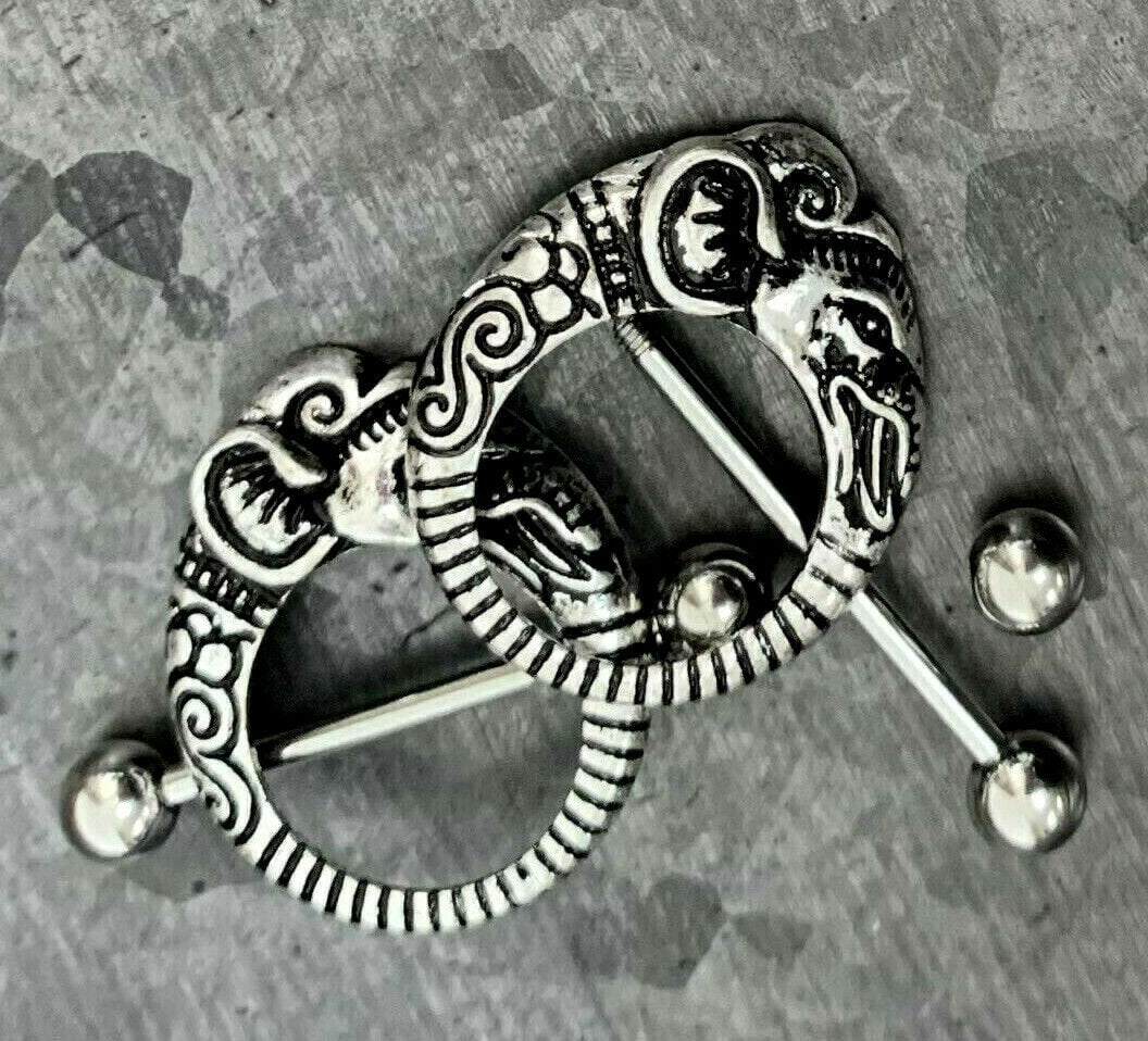 PAIR of Tribal Elephant Design Steel Nipple Barbells/Shields/Rings - Barbell 14g, 22mm (7/8"), Wearable length 14mm (9/16")!