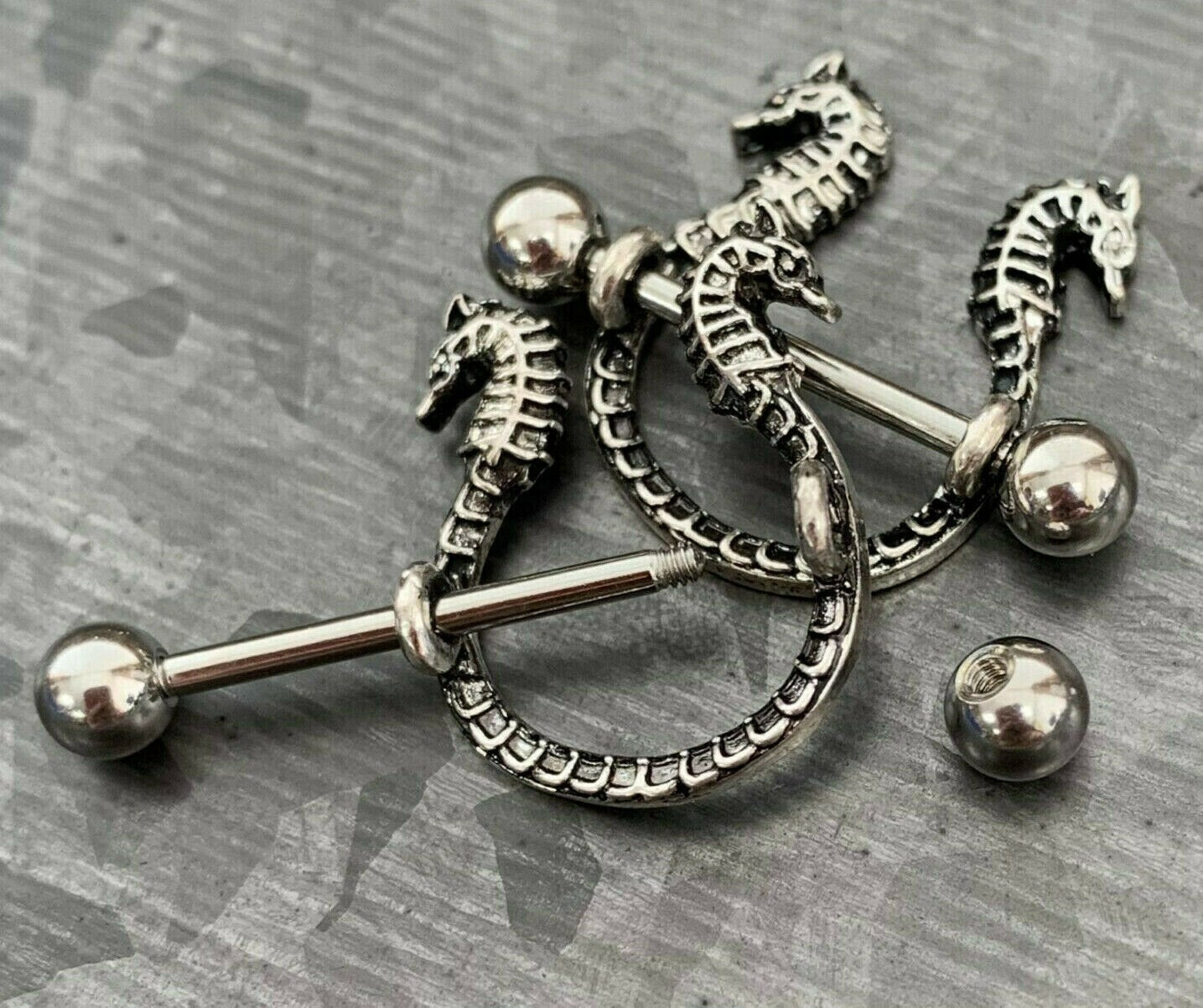 PAIR of Unique Seahorse Design Steel Nipple Barbells/Shields/Rings - Barbell 14g, 16mm (5/8") - Wearable length 14mm (9/16")!