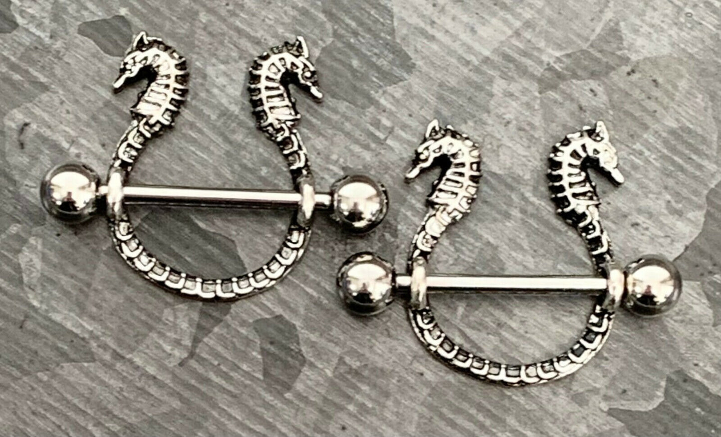 PAIR of Unique Seahorse Design Steel Nipple Barbells/Shields/Rings - Barbell 14g, 16mm (5/8") - Wearable length 14mm (9/16")!
