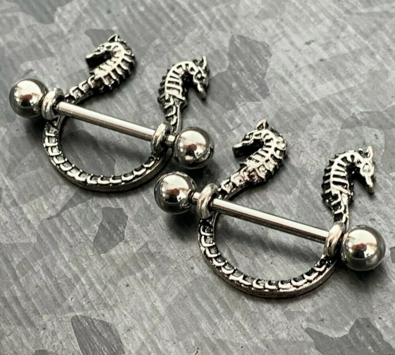 PAIR of Unique Seahorse Design Steel Nipple Barbells/Shields/Rings - Barbell 14g, 16mm (5/8") - Wearable length 14mm (9/16")!