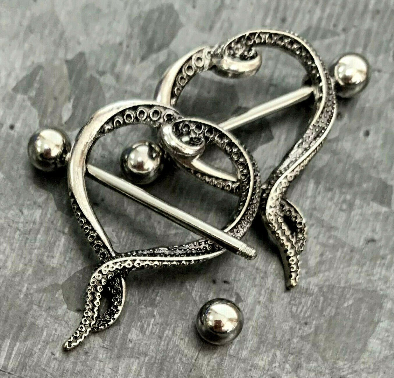 PAIR of Beautiful Heart Design with Tentacles Steel Nipple Barbells/Shields/Rings - Barbell 14g, 22mm (7/8"), Wearable length 16mm (5/8")!