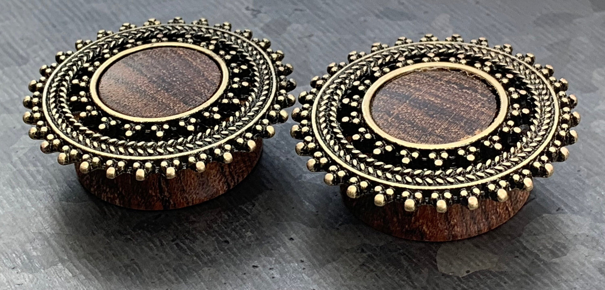 PAIR of Unique Tribal Lace Design Top Rose Wood Saddle Plugs - ONE left in 22mm!