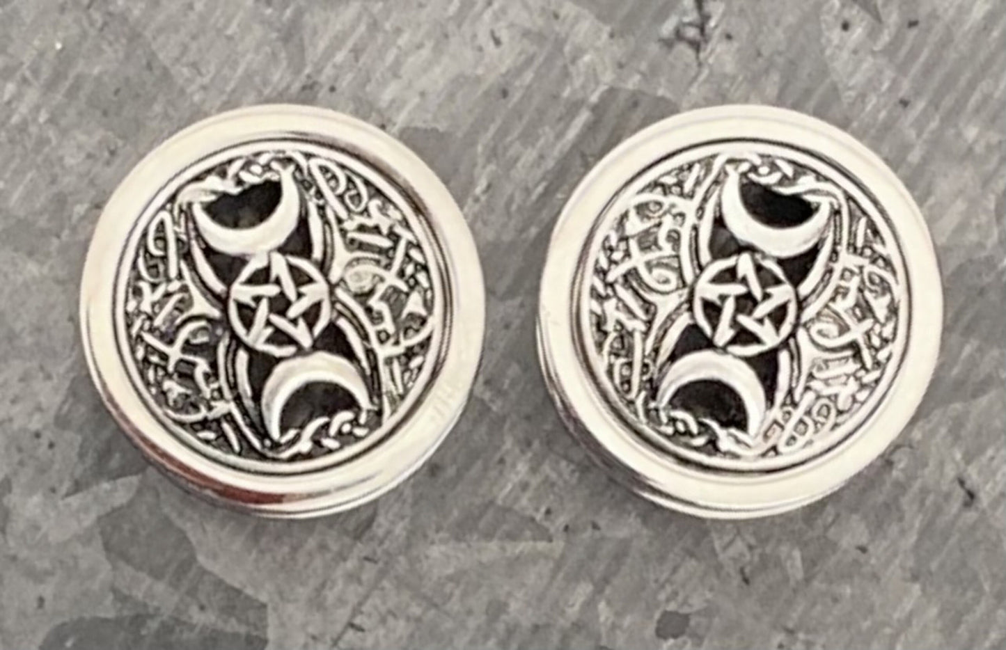 PAIR of Unique Pentagram Star & Two Crescent Moons Screw Fit Tunnels/Plugs - Gauges 00g (10mm) thru 5/8" (16mm) available!