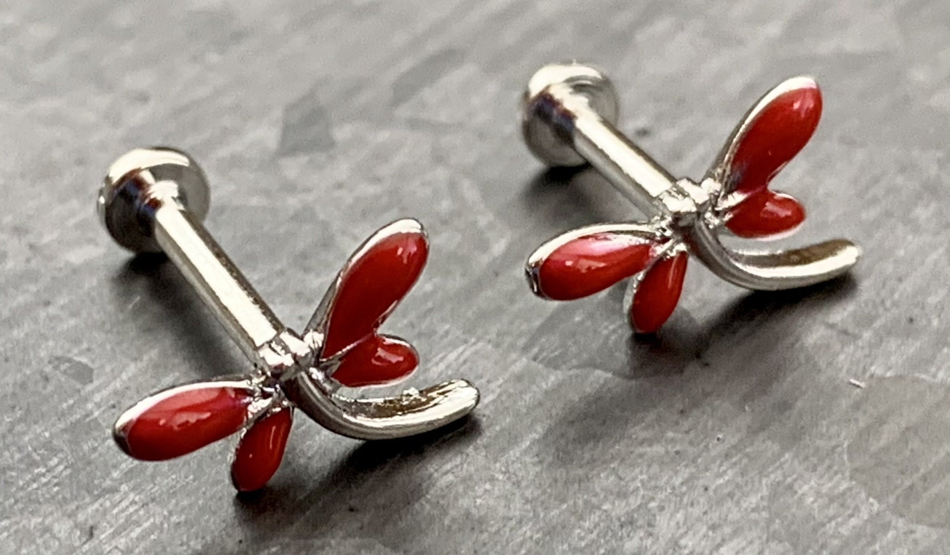 1 Piece Red Dragonfly Internally Threaded Labret Stud - 16g - Post Length 6mm or 8mm Available!