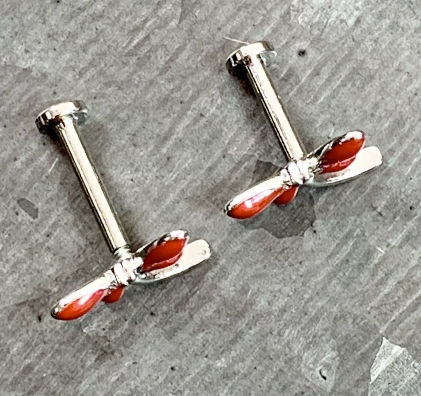 1 Piece Red Dragonfly Internally Threaded Labret Stud - 16g - Post Length 6mm or 8mm Available!