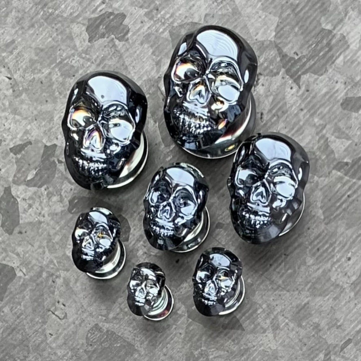 PAIR of Unique Metallic Skull Pyrex Glass Double Flare Plugs/Tunnels - Gauges 2g (6mm) through 5/8" (16mm) available!