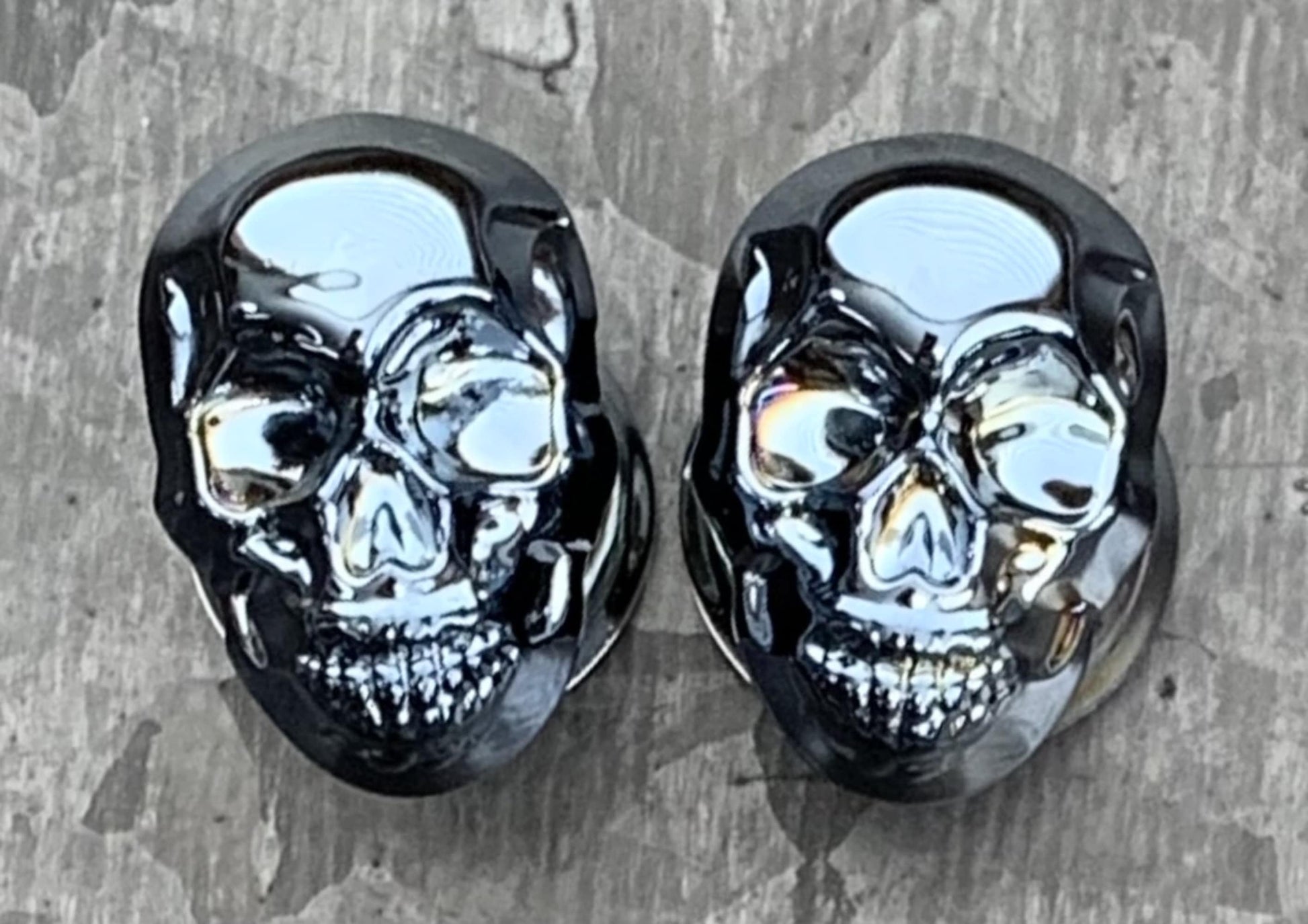 PAIR of Unique Metallic Skull Pyrex Glass Double Flare Plugs/Tunnels - Gauges 2g (6mm) through 5/8" (16mm) available!