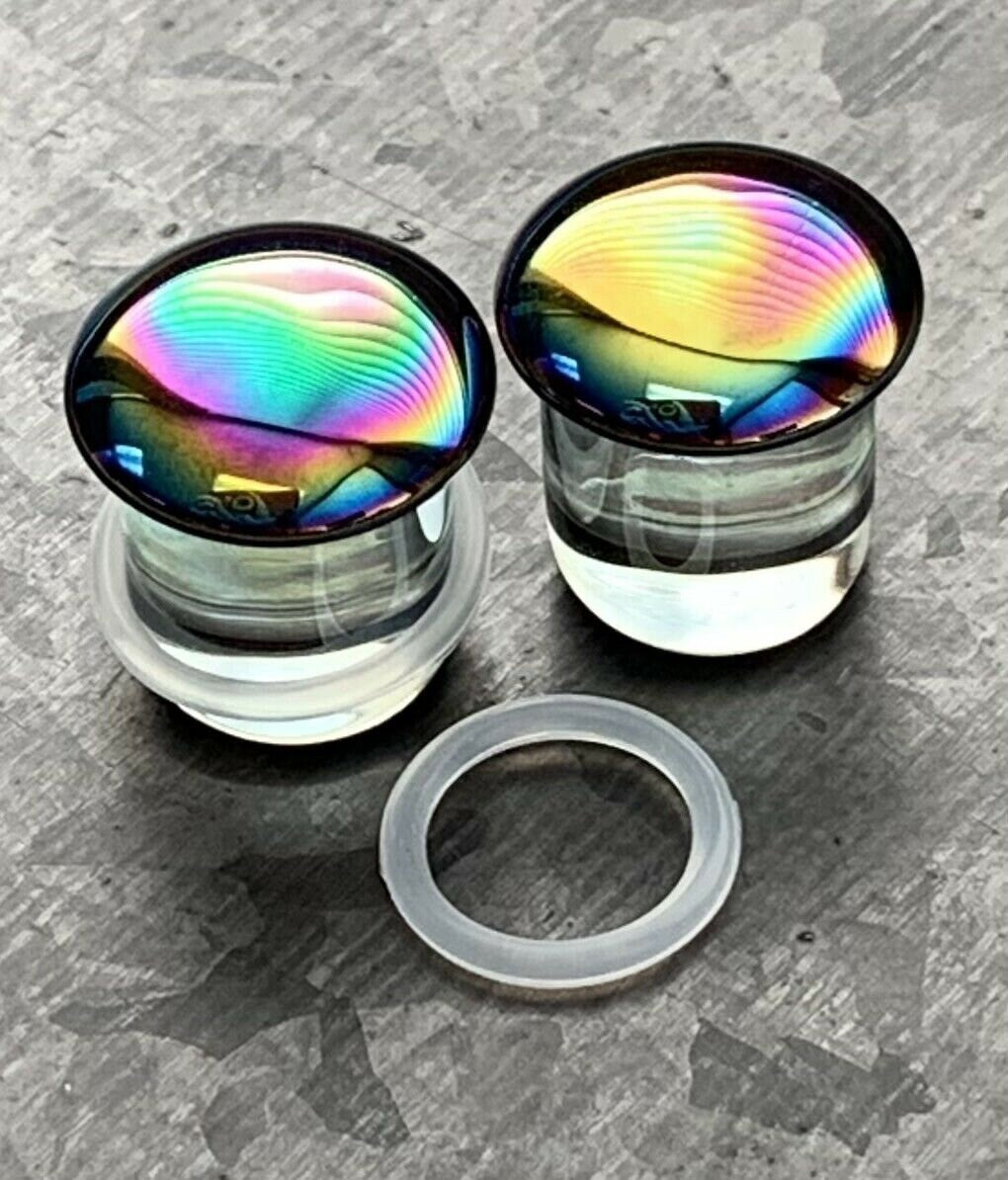 PAIR of Beautiful Oil Slick Design Pyrex Glass Single Flare Plugs with O-Rings - Gauges 4g (5mm) thru 7/8" (22mm) available!