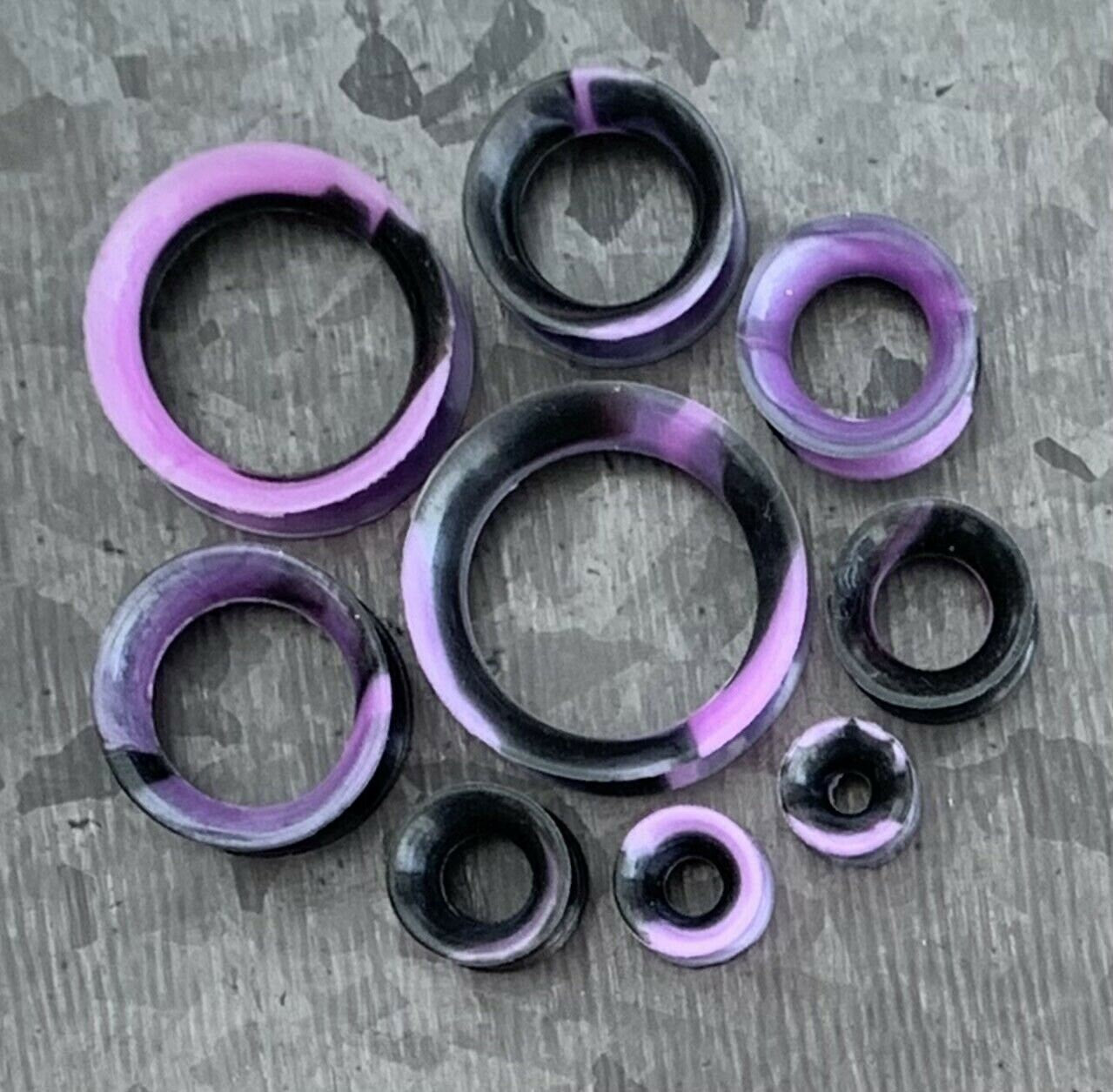 PAIR Stunning Black & Purple Swirl Ultra Thin Double Flare Tunnels/Plugs - Gauges 4g (5mm) thru 7/8" (22mm) available!