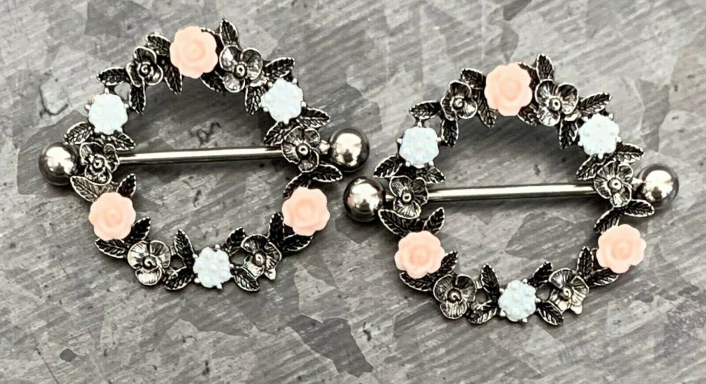 PAIR of Stunning Floral Wreath Steel Barbell Nipple Ring/Shields - Wearable Length 14mm - Barbell Length 28mm - Silver and Gold available!