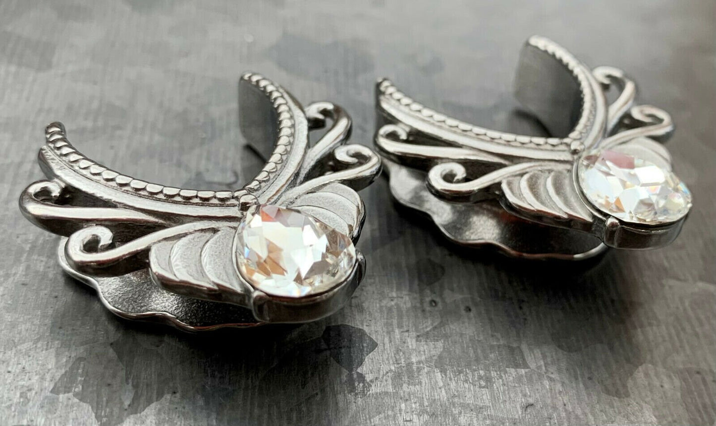PAIR of Unique Floral Filigree V-Shaped Pear Gem Surgical Steel Ear Spreader Tunnels/Plugs - Gauges 00g (10mm) thru 1" (25mm) Available!