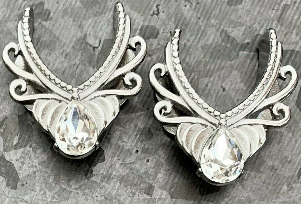 PAIR of Unique Floral Filigree V-Shaped Pear Gem Surgical Steel Ear Spreader Tunnels/Plugs - Gauges 00g (10mm) thru 1" (25mm) Available!