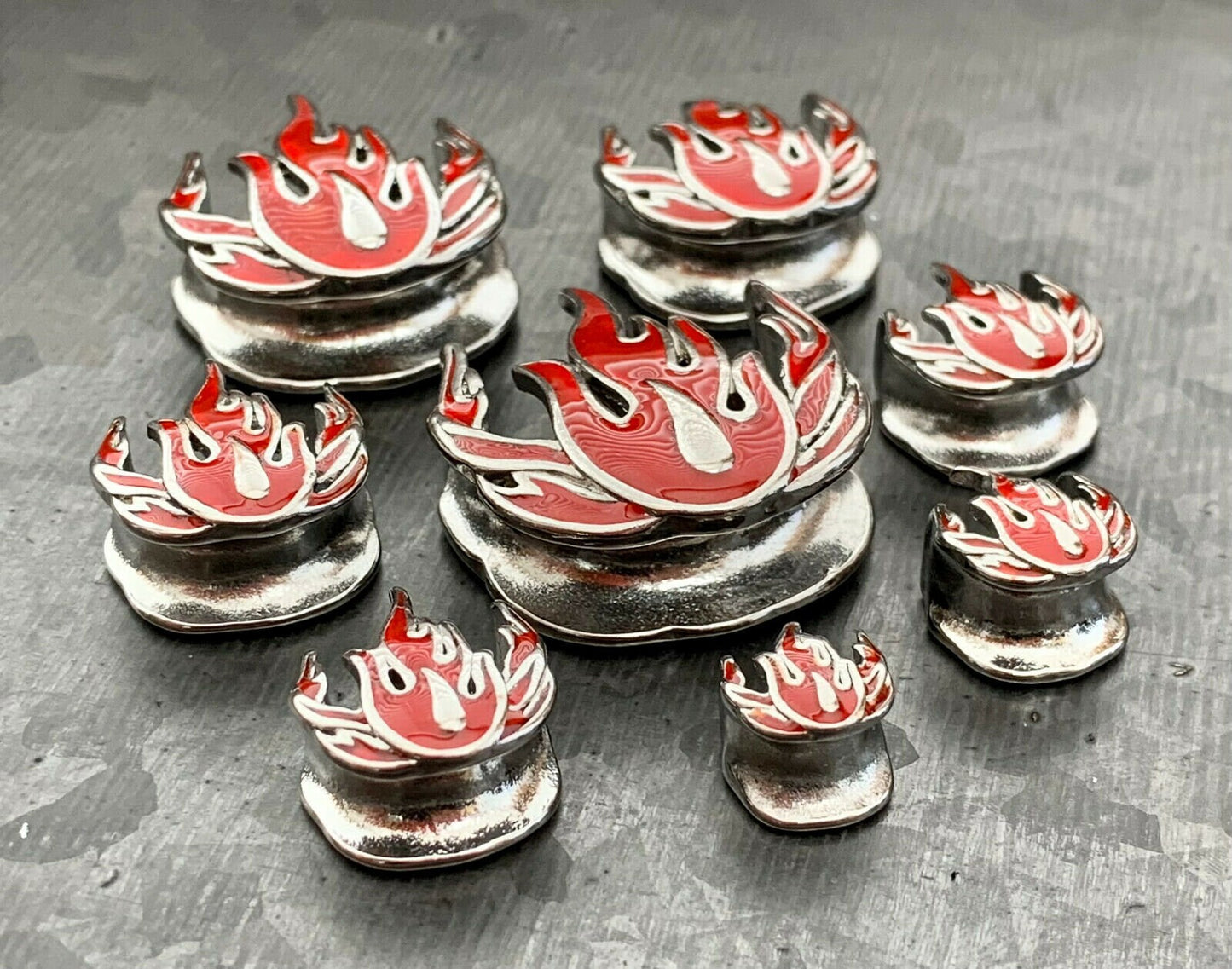 PAIR of Unique Red Flames Steel Saddle Ear Spreader Tunnels/Plugs - Gauges 00g (10mm) thru 1" (25mm) available!