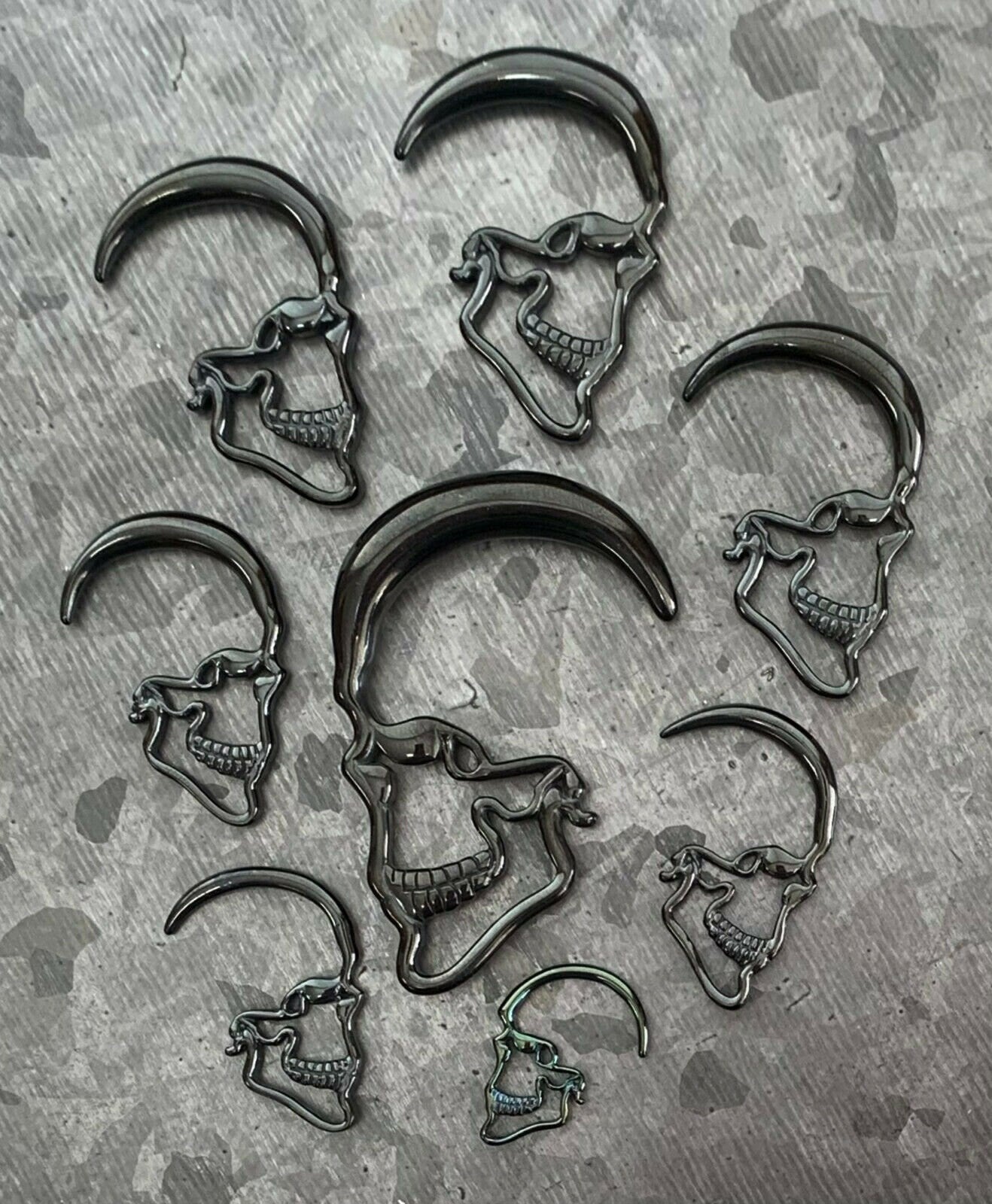 PAIR of Unique Black Steel Skull Hanging Tapers - Expanders - Gauges 10g thru 0g (8mm) available!