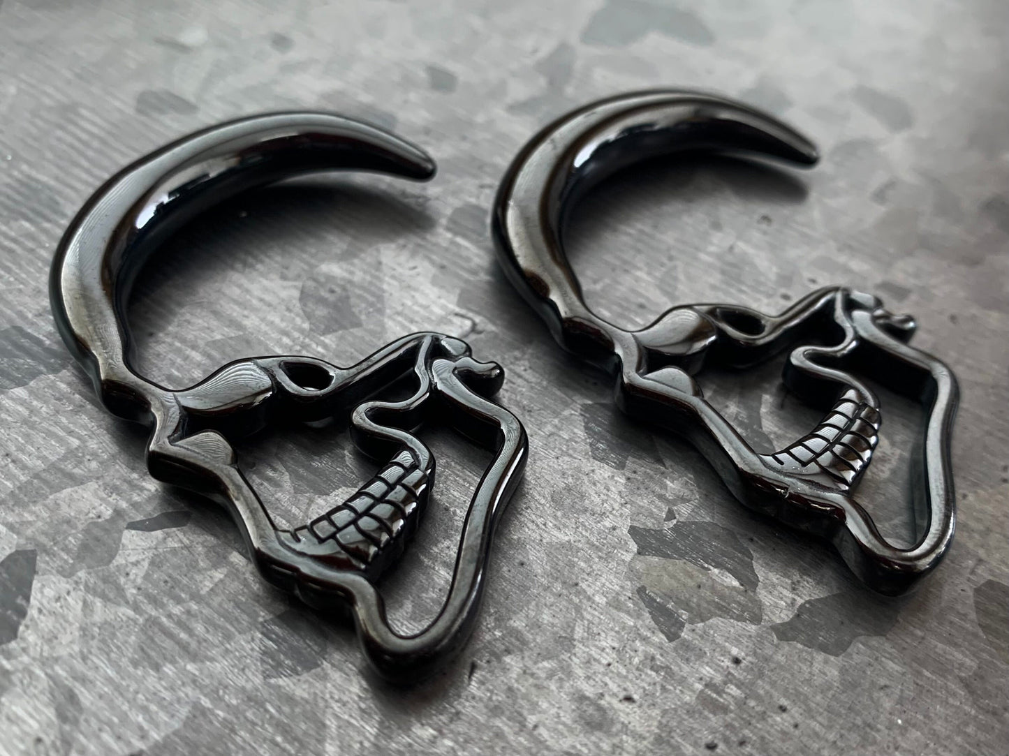 PAIR of Unique Black Steel Skull Hanging Tapers - Expanders - Gauges 10g thru 0g (8mm) available!