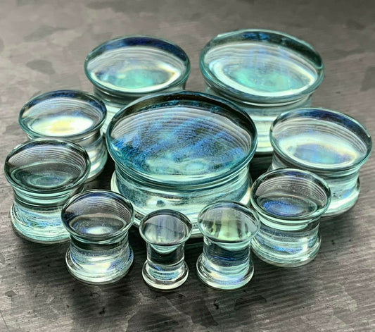 PAIR of Stunning Blue Green Ocean Iridescent Glass Double Flare Plugs - - Gauges 2g (6mm) through 1" (25mm) available!